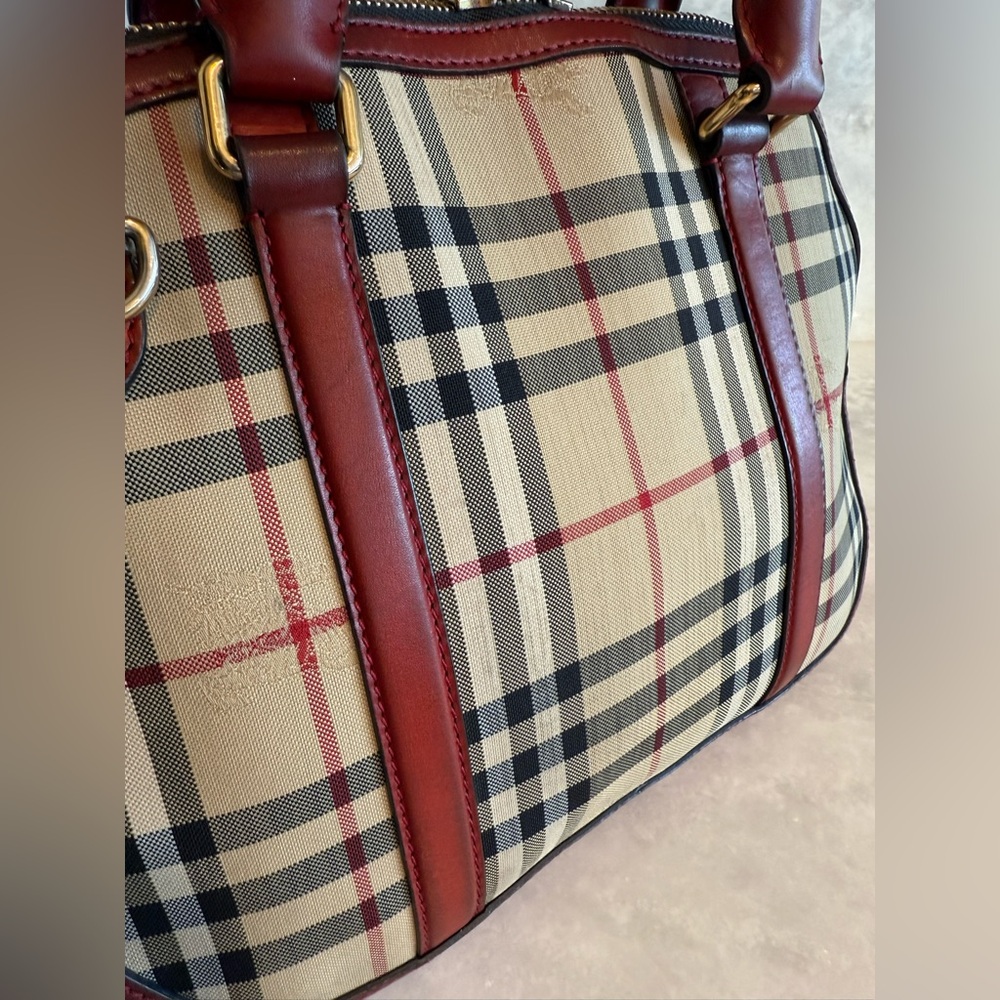 BURBERRY Vintage Haymarket Check Satchel with Red Leather Trim Handbag - Picture 7 of 17
